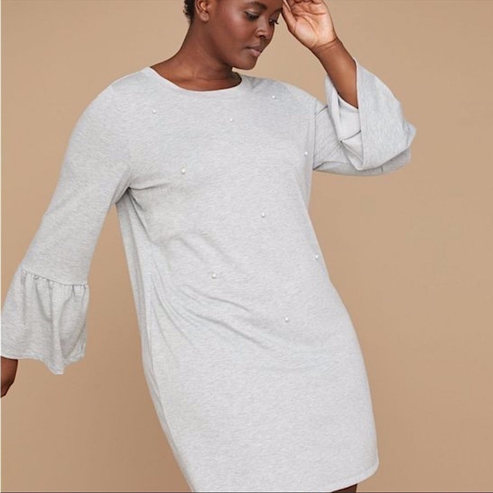 NWT Lane Bryant French Terry Pearl Sweater Dress Bell Sleeves in Grey Size 14/16